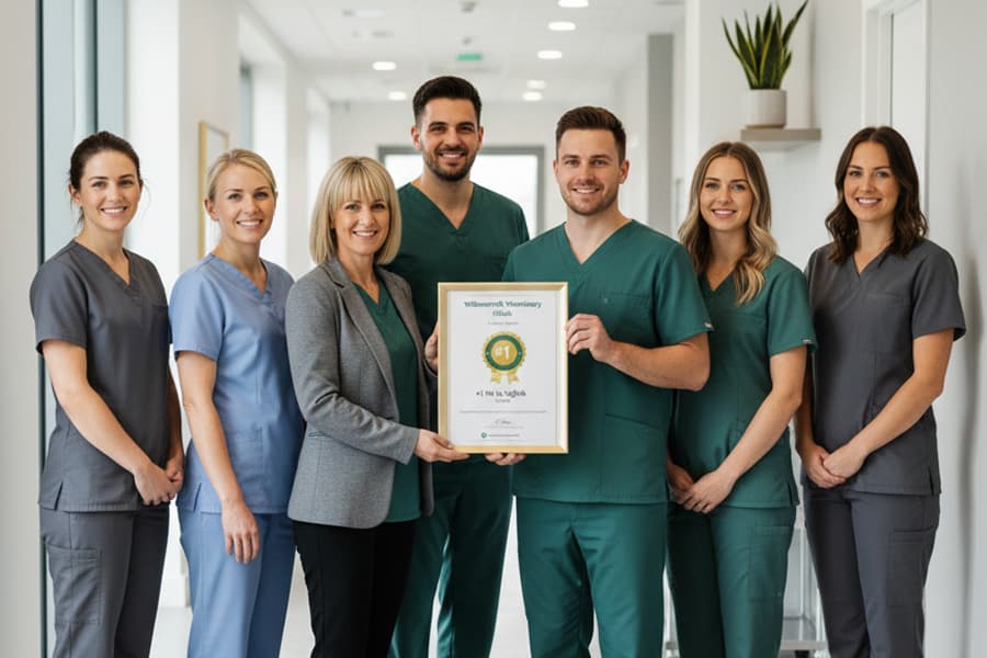 Veterinary team holding an award